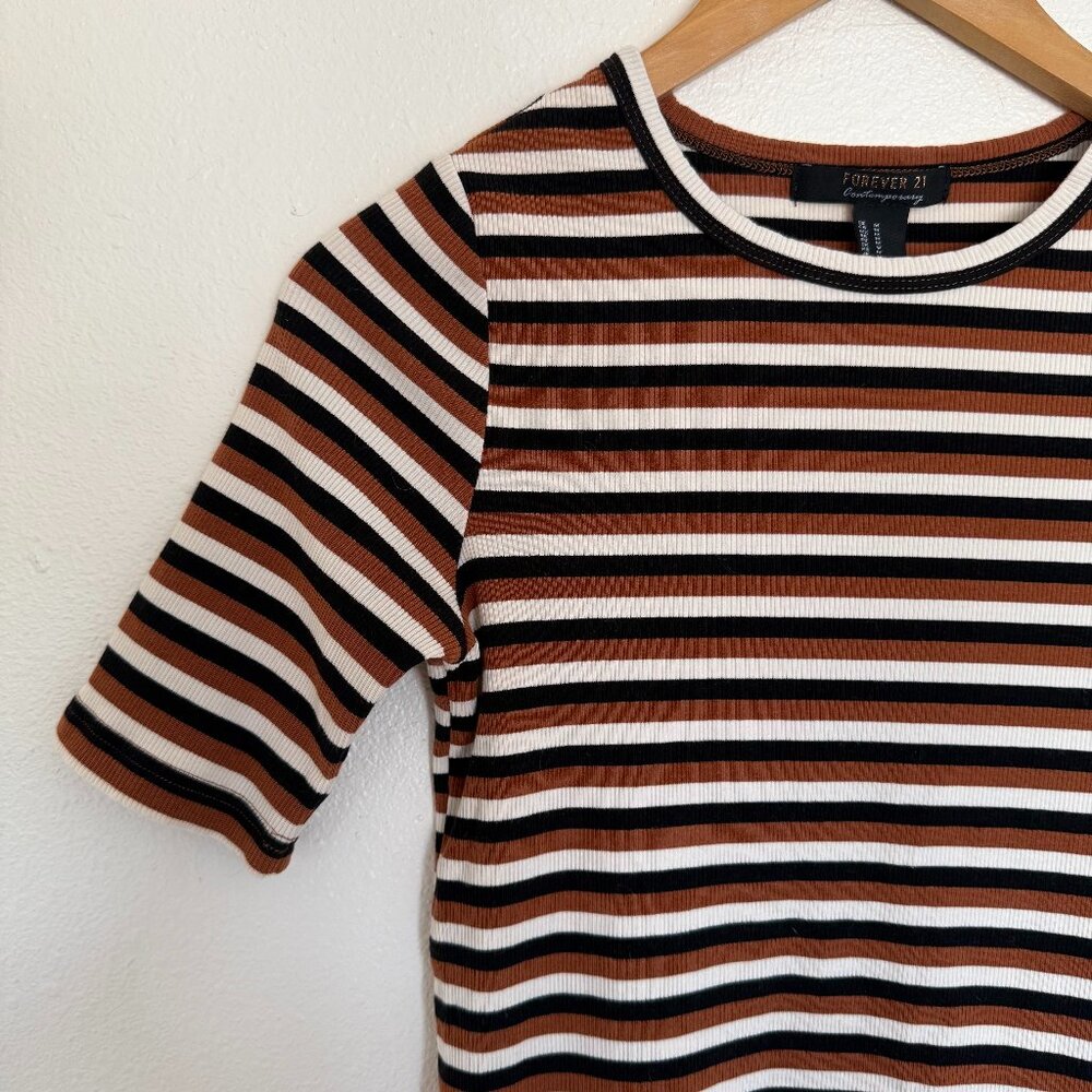 Forever 21 Black and Brown Stripped Ribbed Fitted Tee Medium
